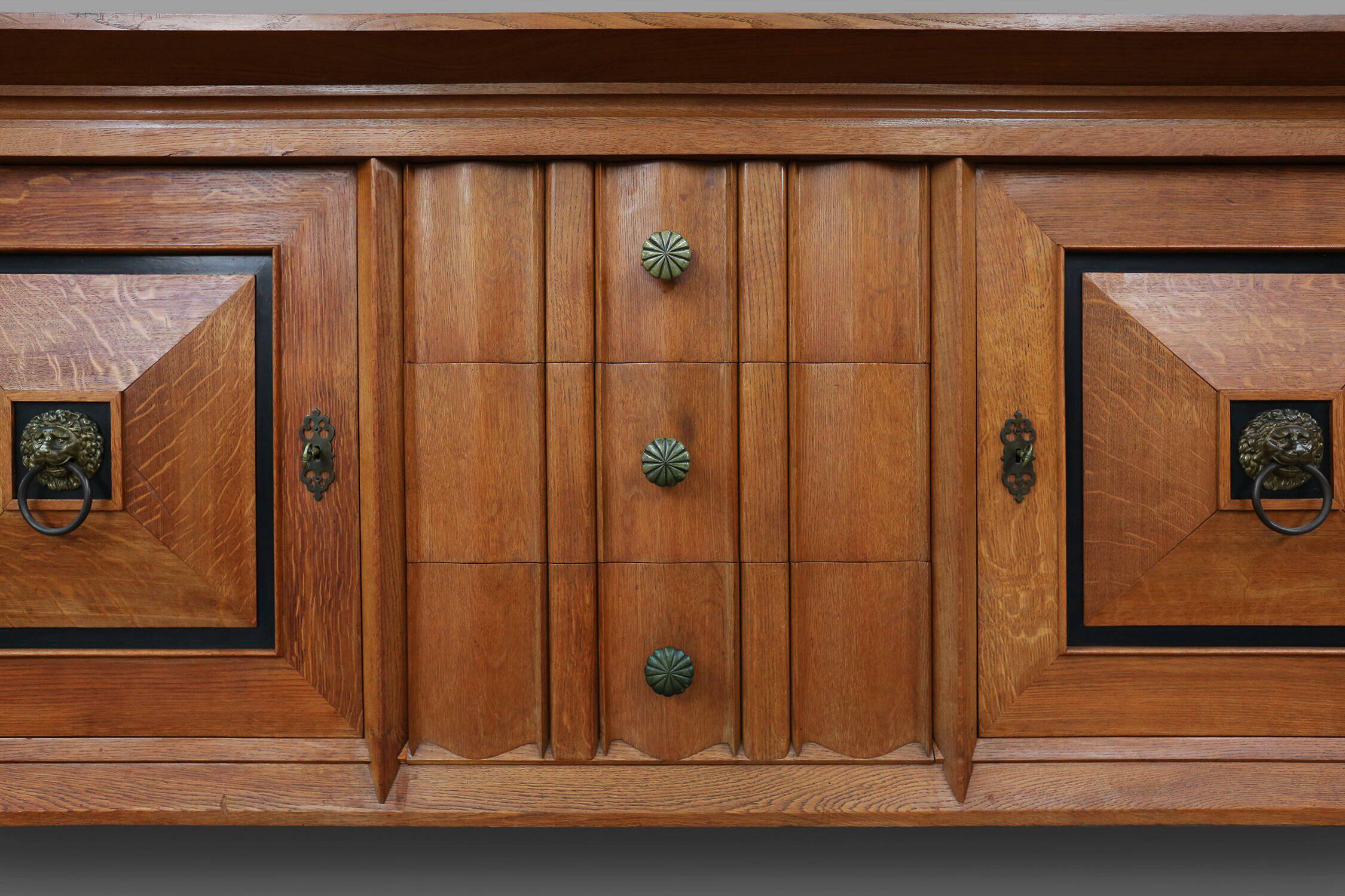 Art Deco brutalist Belgian Oak and Brass Sideboard, 1940s