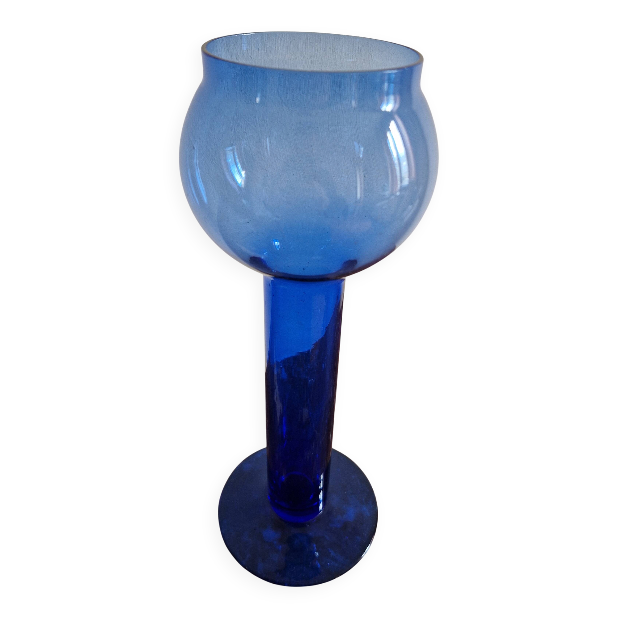 Vintage blue glass footed bowl vase from the 1970s.
