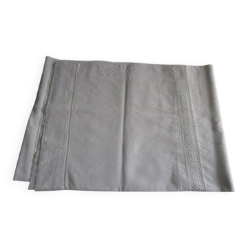 Drap ancien en coton:300x220cm retour brodé/monogrammé