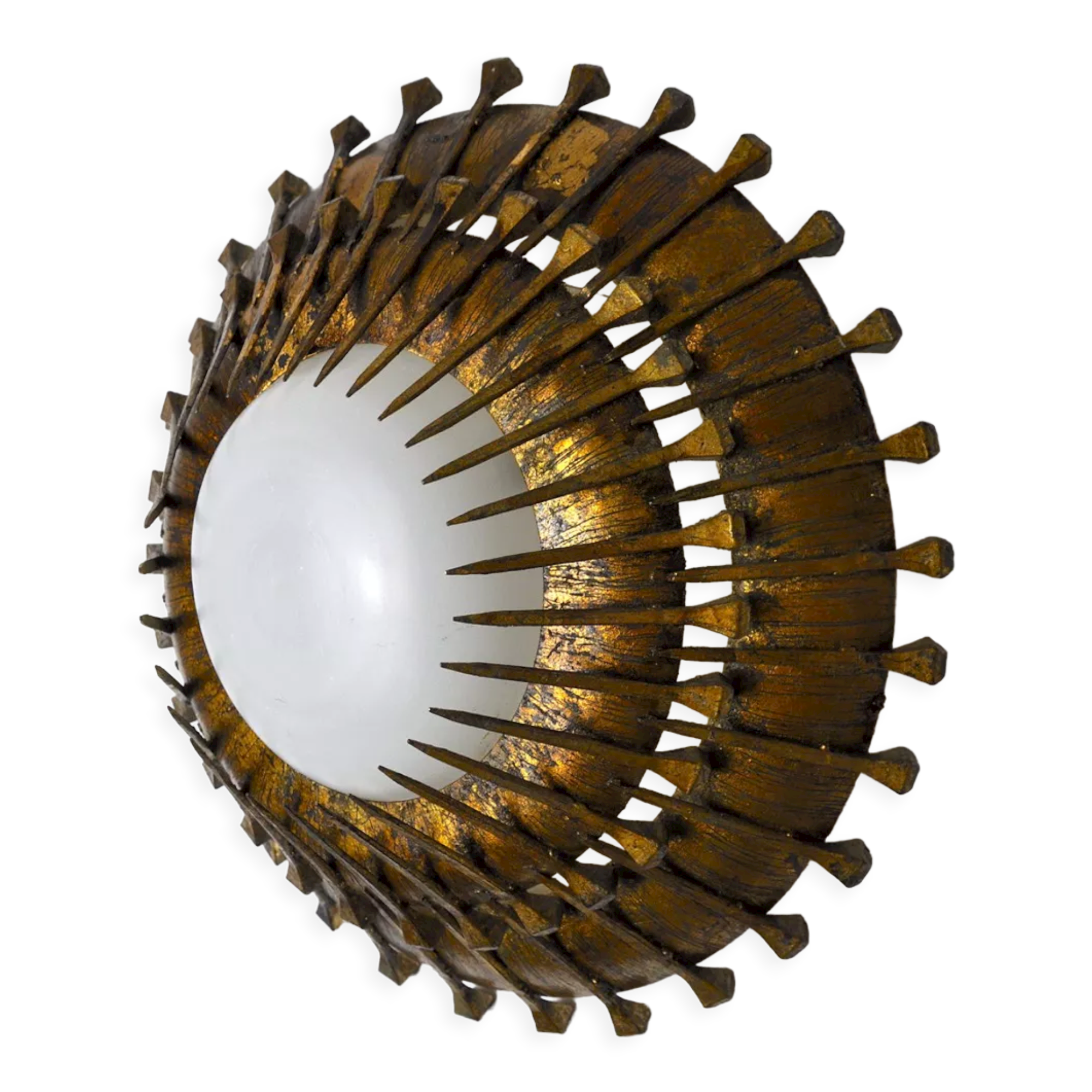 Midcentury brutalist sun wall lamp, metal and gold leaf, Italy