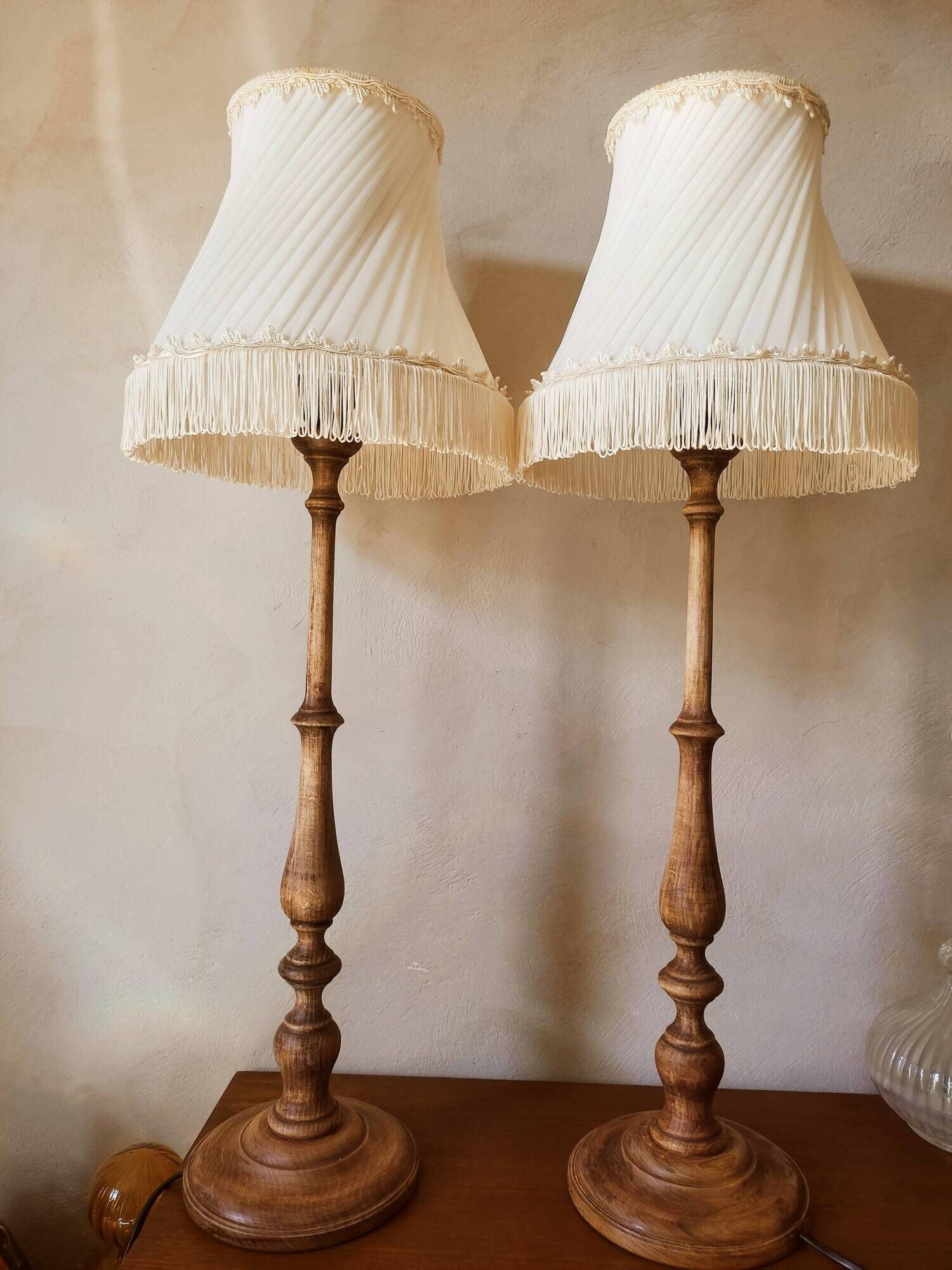 Pair of wooden lamps, pleated lampshade