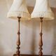 Pair of wooden lamps, pleated lampshade