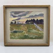 Huile sur toile "Soirée au temps de la fauche" par Bernhard Önstad, encadrée 48,5×43 cm