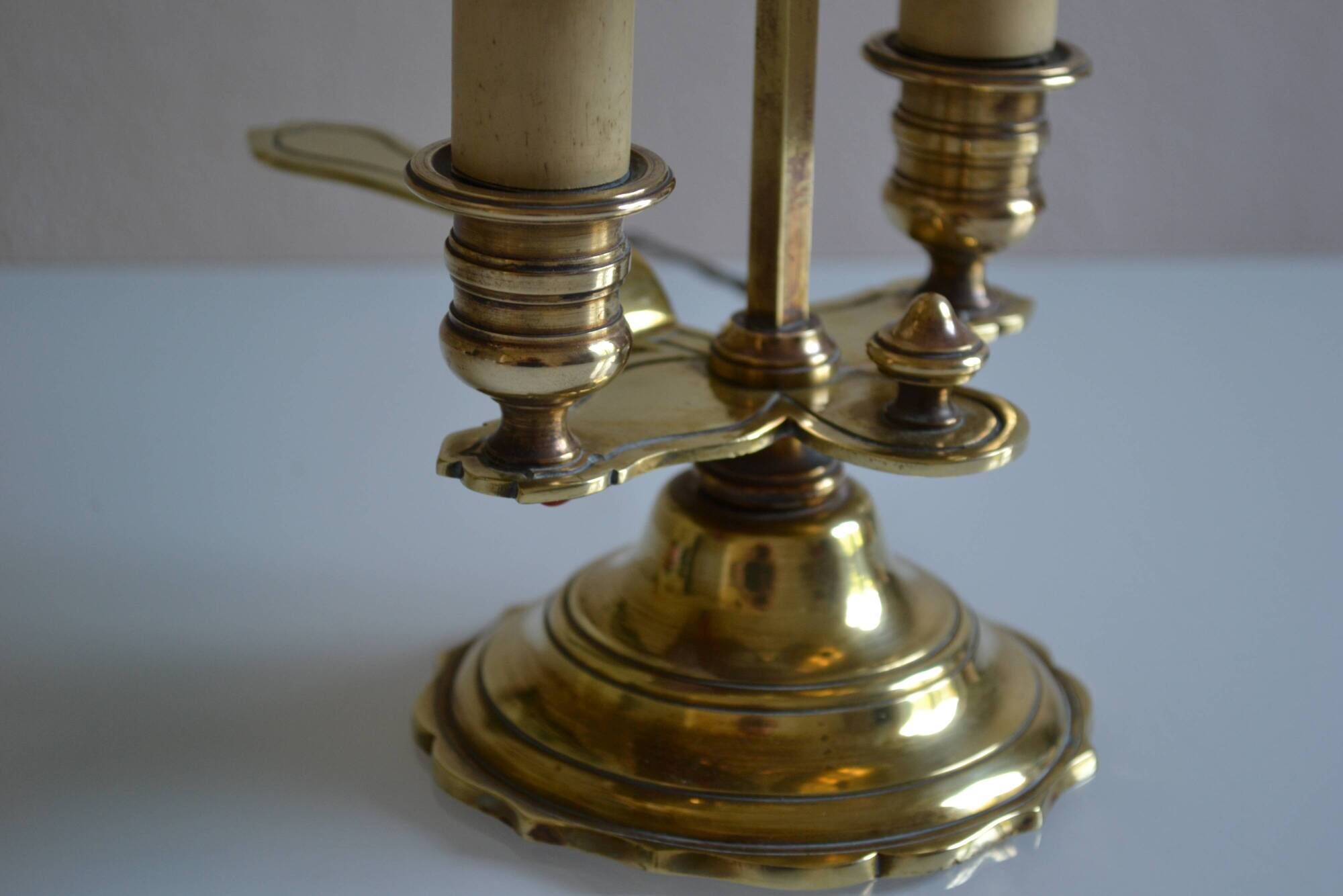 hot water bottle lamp with 2 bronze lights and burgundy sheet metal lampshade