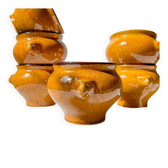 5 vintage lion head bowls in speckled ochre stoneware, Emile Henry style – Made in France
