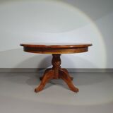 70s pine wood dining table / wood column leg table in 4-leg design with round top
