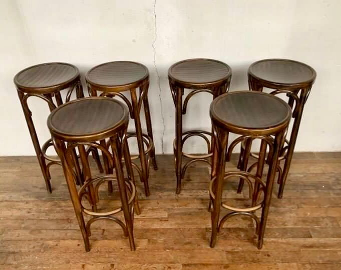 Series of 6 bar stools in curved wood