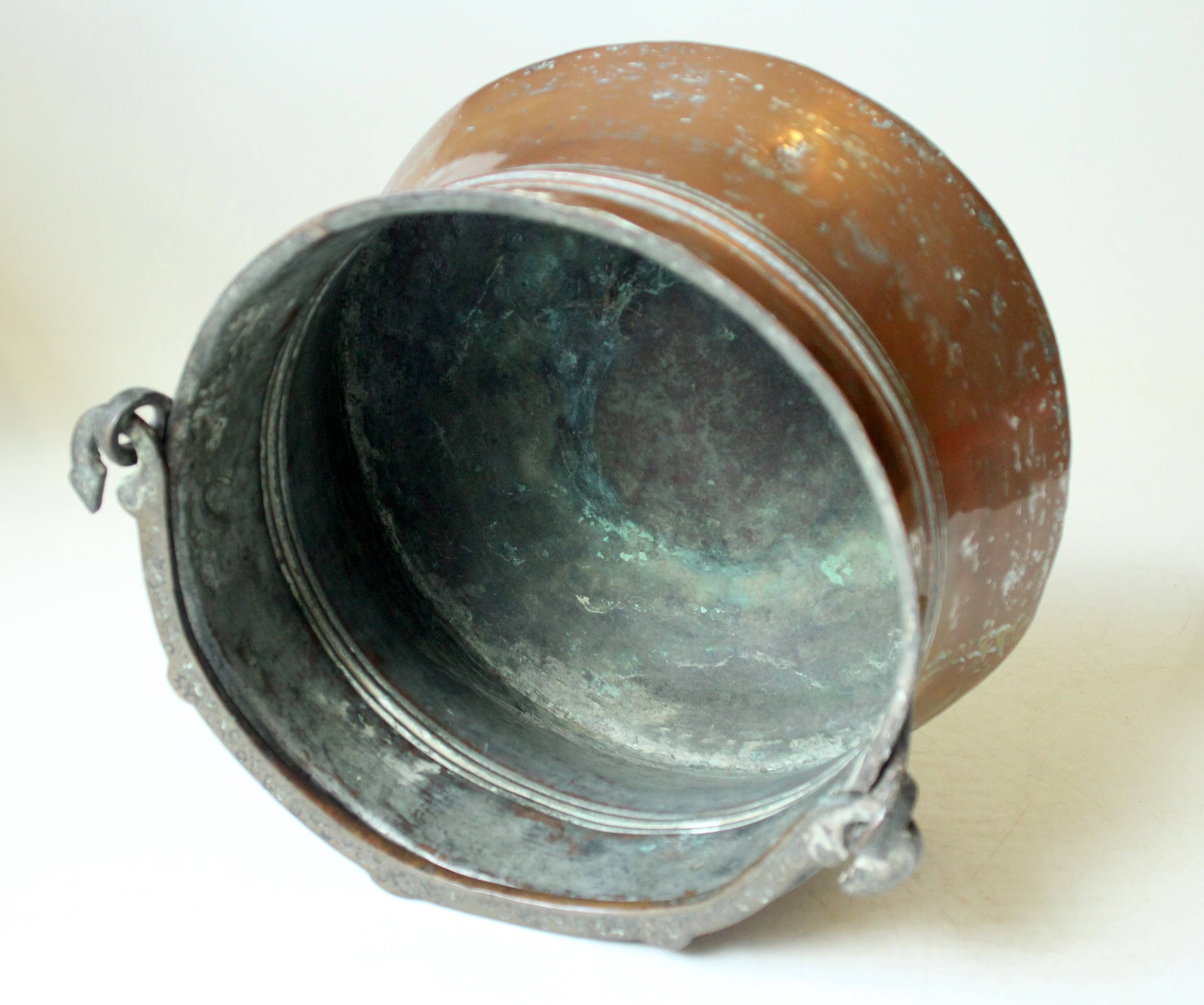 Large copper planter with wrought iron handle, Boho, vintage from the 1950s