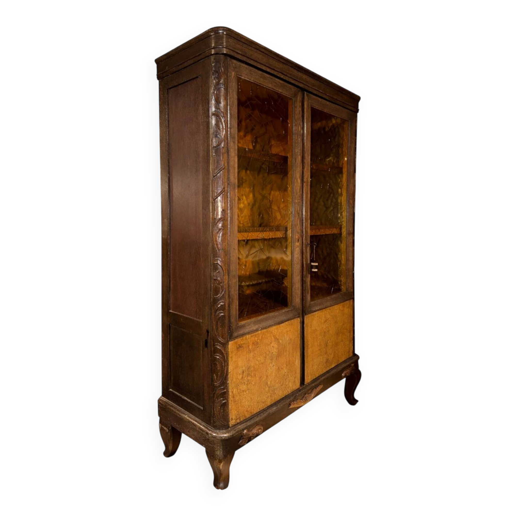 Art Deco display cabinet in oak with amber glass panels – 1930s