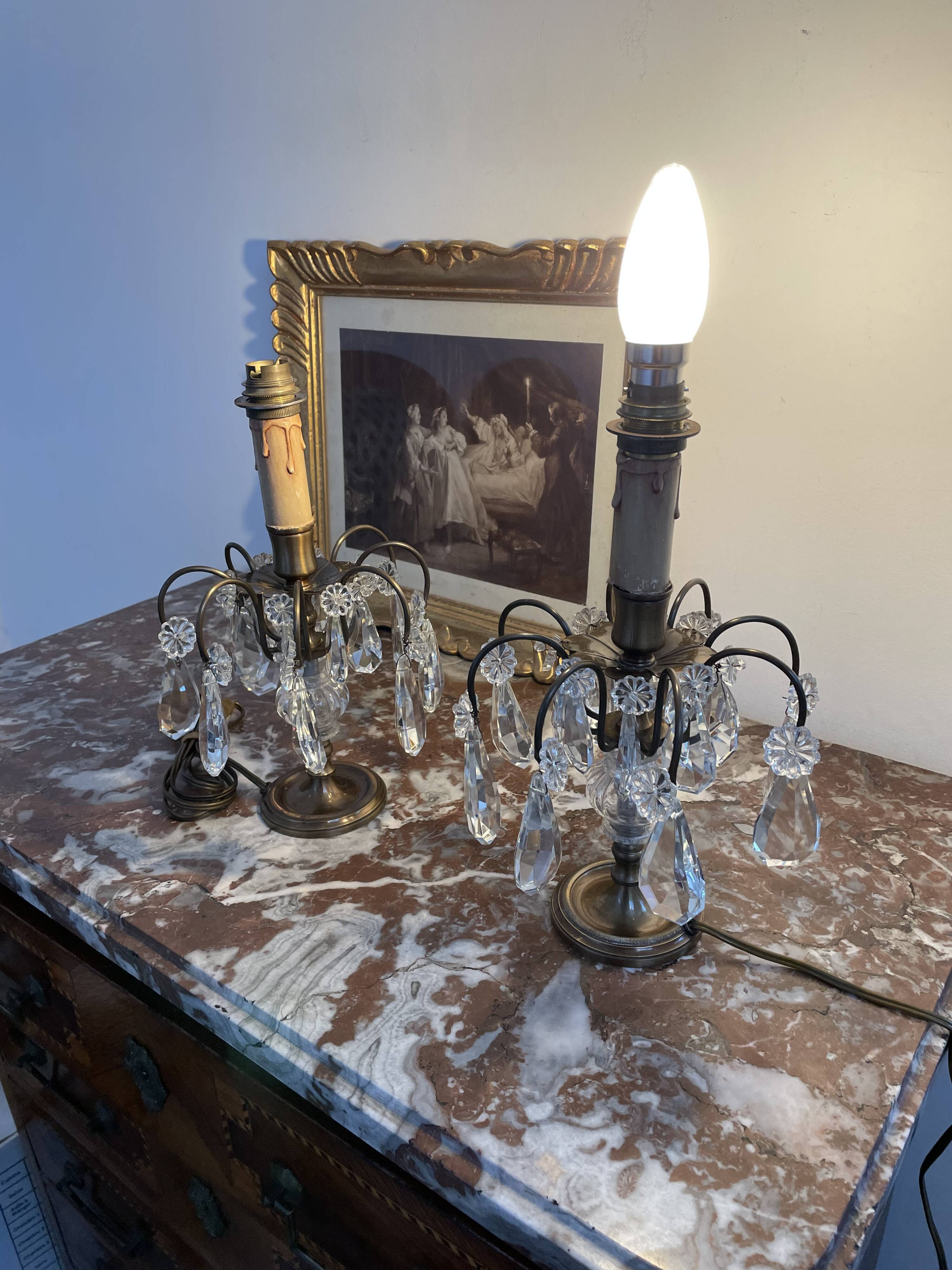 Antique, pair girandoles, candle holders, gilded brass, tassels, glass, drops, florets, 1 burner