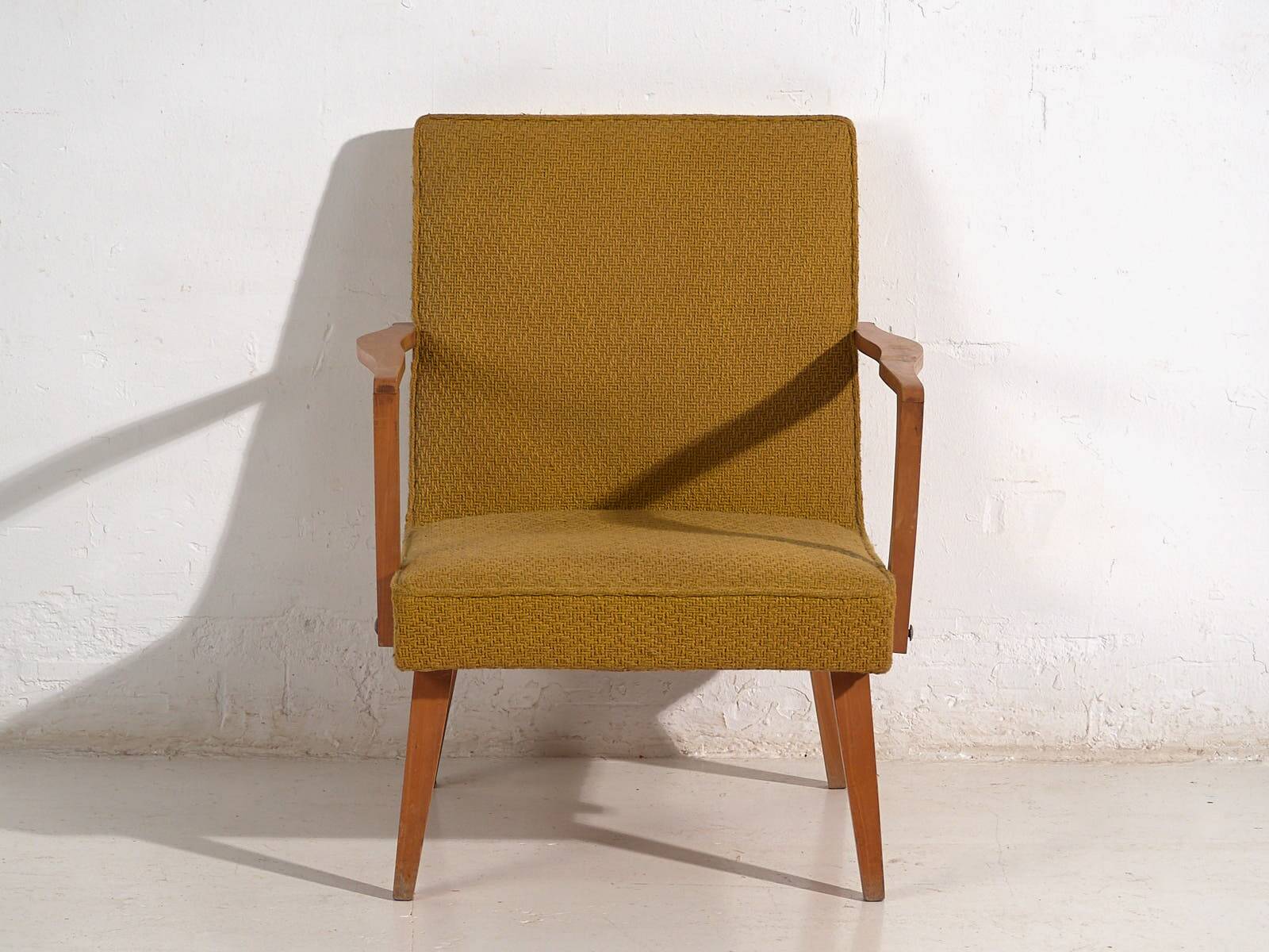 2 armchairs in wood and ochre fabric, 1950