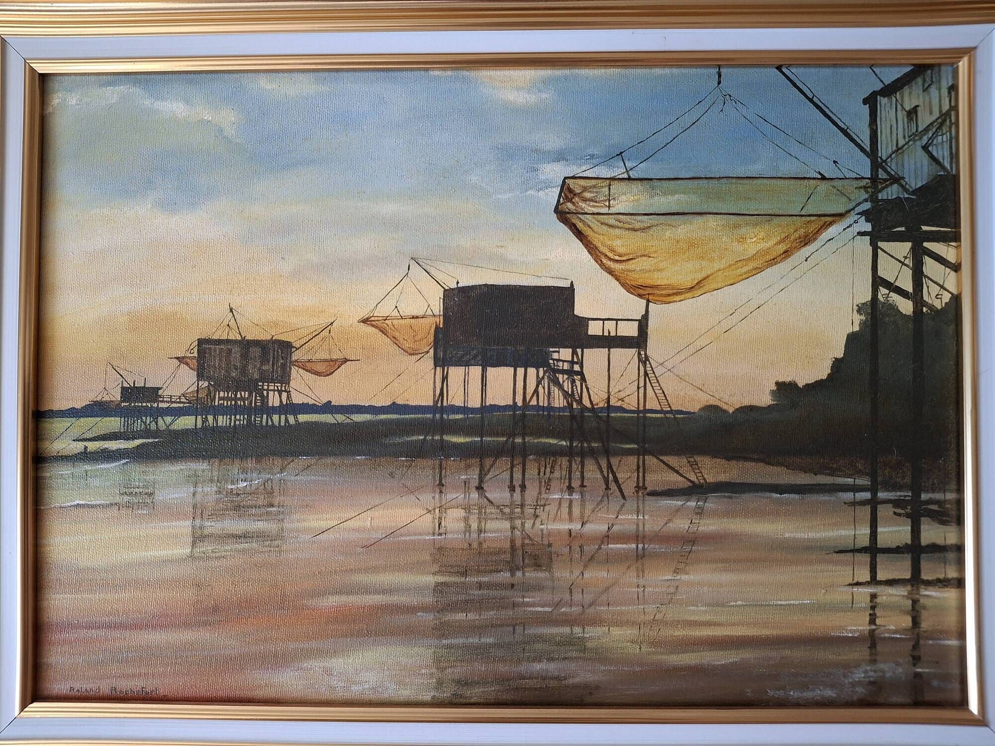 Oil on canvas Roland Rochefort signed framed Carrelets Meschers / Gironde