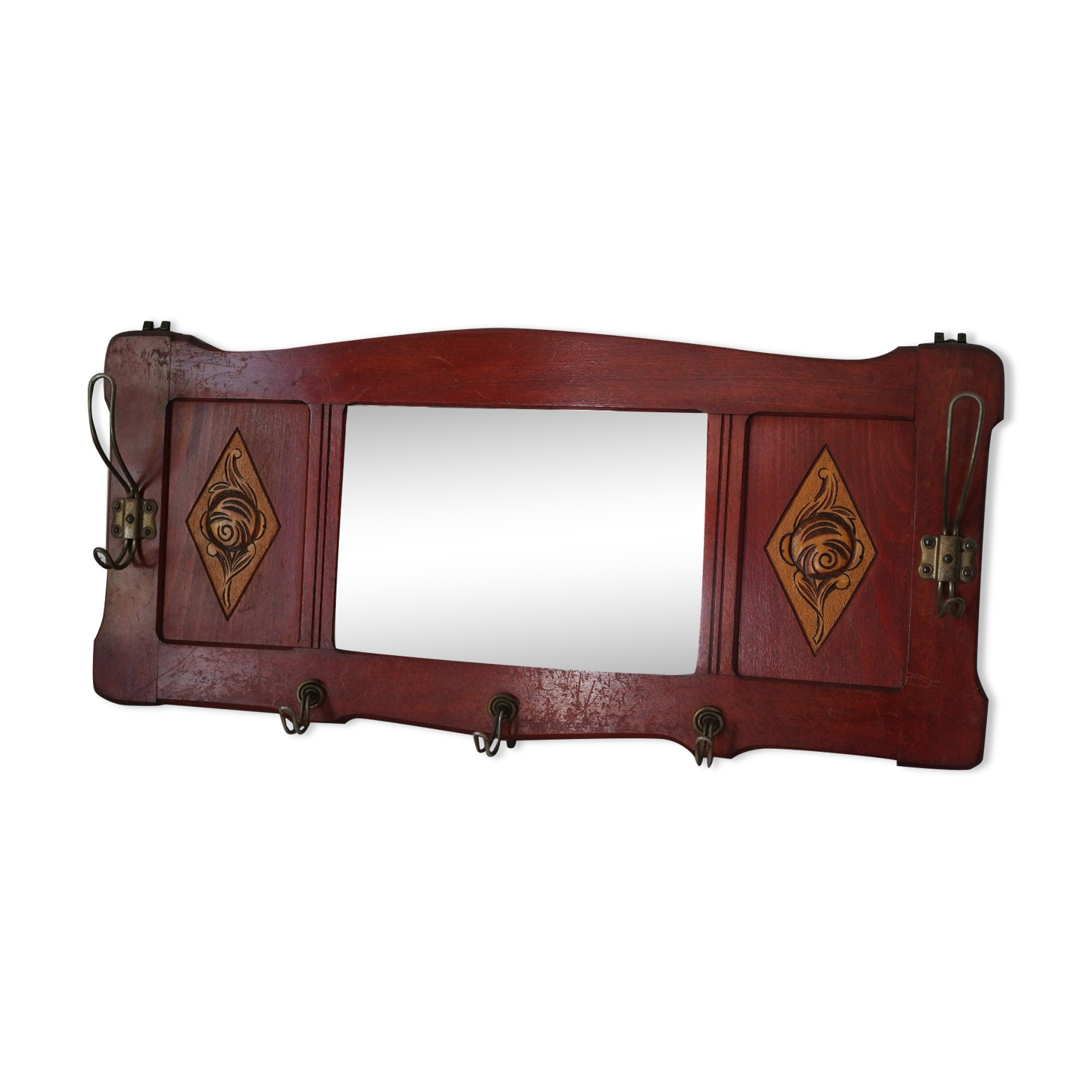 Red wooden wall-mounted coat rack and Art Deco mirror