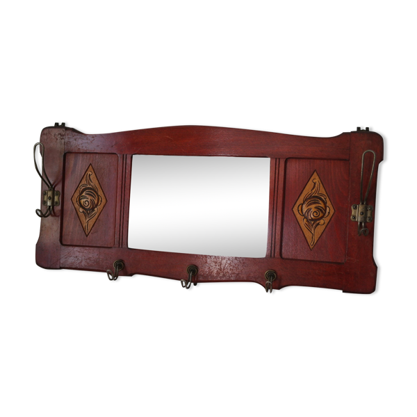 Portemanteau mural en bois rougeâtre et  miroir Art déco