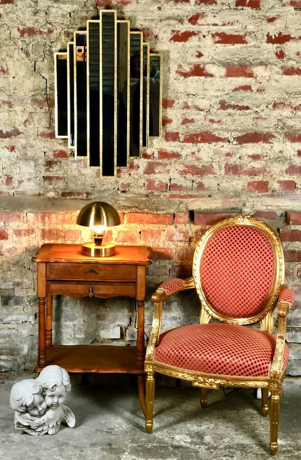 Art deco style "miami" mirror in patinated gilded wood 80x52cm