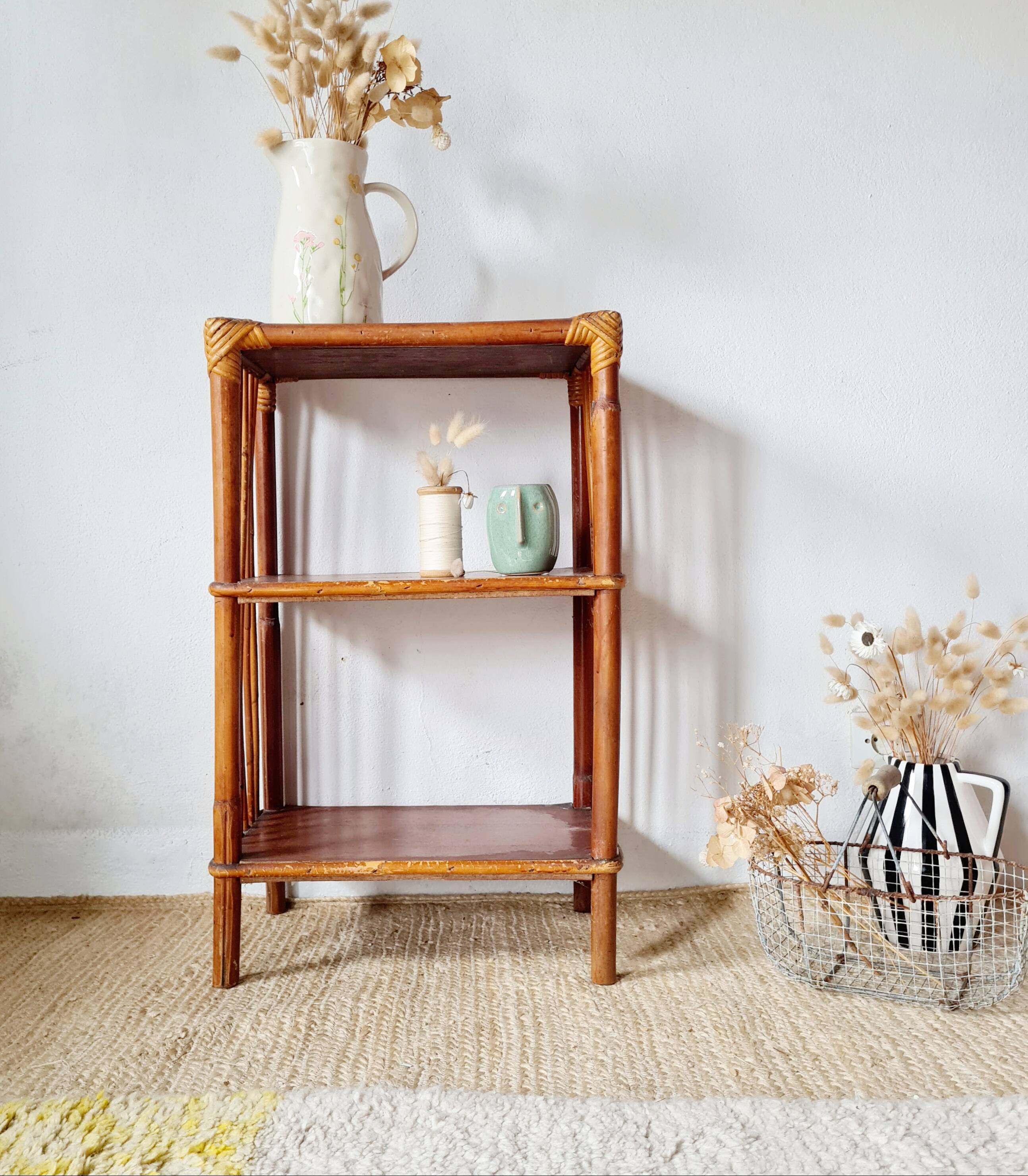 Etagère - bibliothèque rotin bois patinée