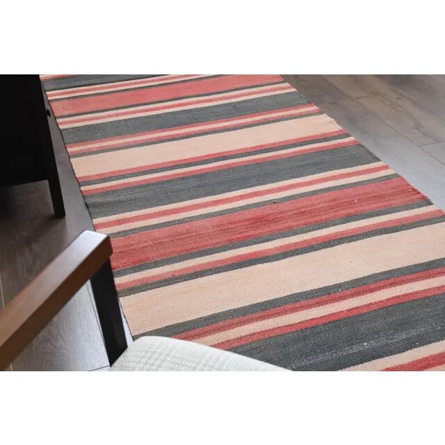 Tapis couloir turc Oushak fait main en laine et coton rouge des années 1970, 90x403.