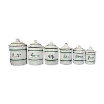 Série 6 pot à épices en tole émaillée blanche inscription vert etoile p.e.n