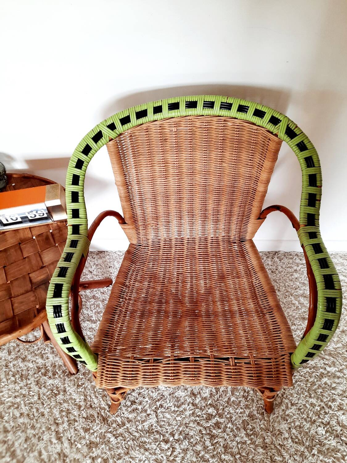 50s/60s rattan armchair with black apple green edging