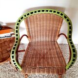 50s/60s rattan armchair with black apple green edging