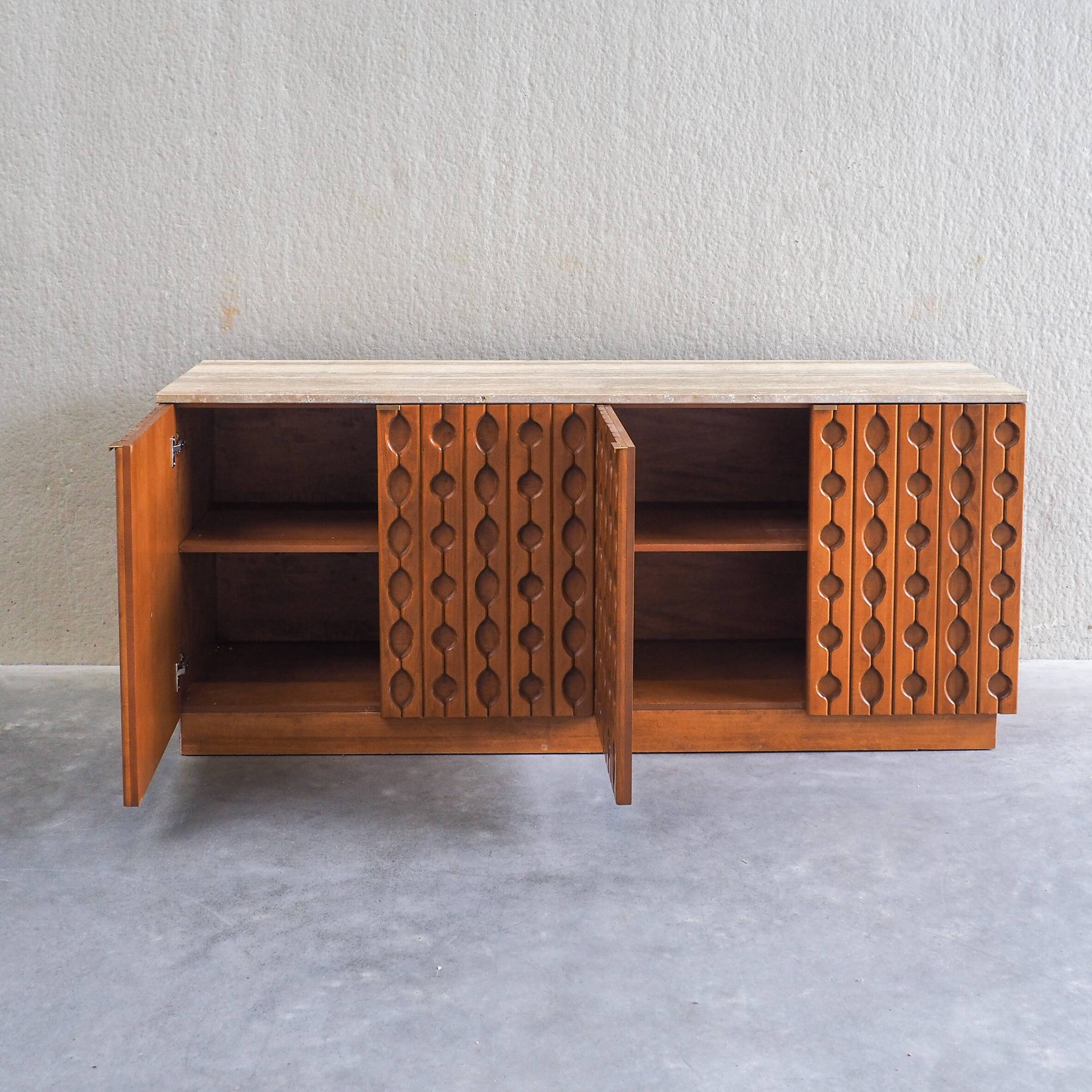 Contemporary Brutalist Carved Wood Sideboard With Travertine Top In review