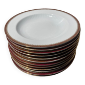 12 assiettes creuses en porcelaine doré et rouge bordeaux