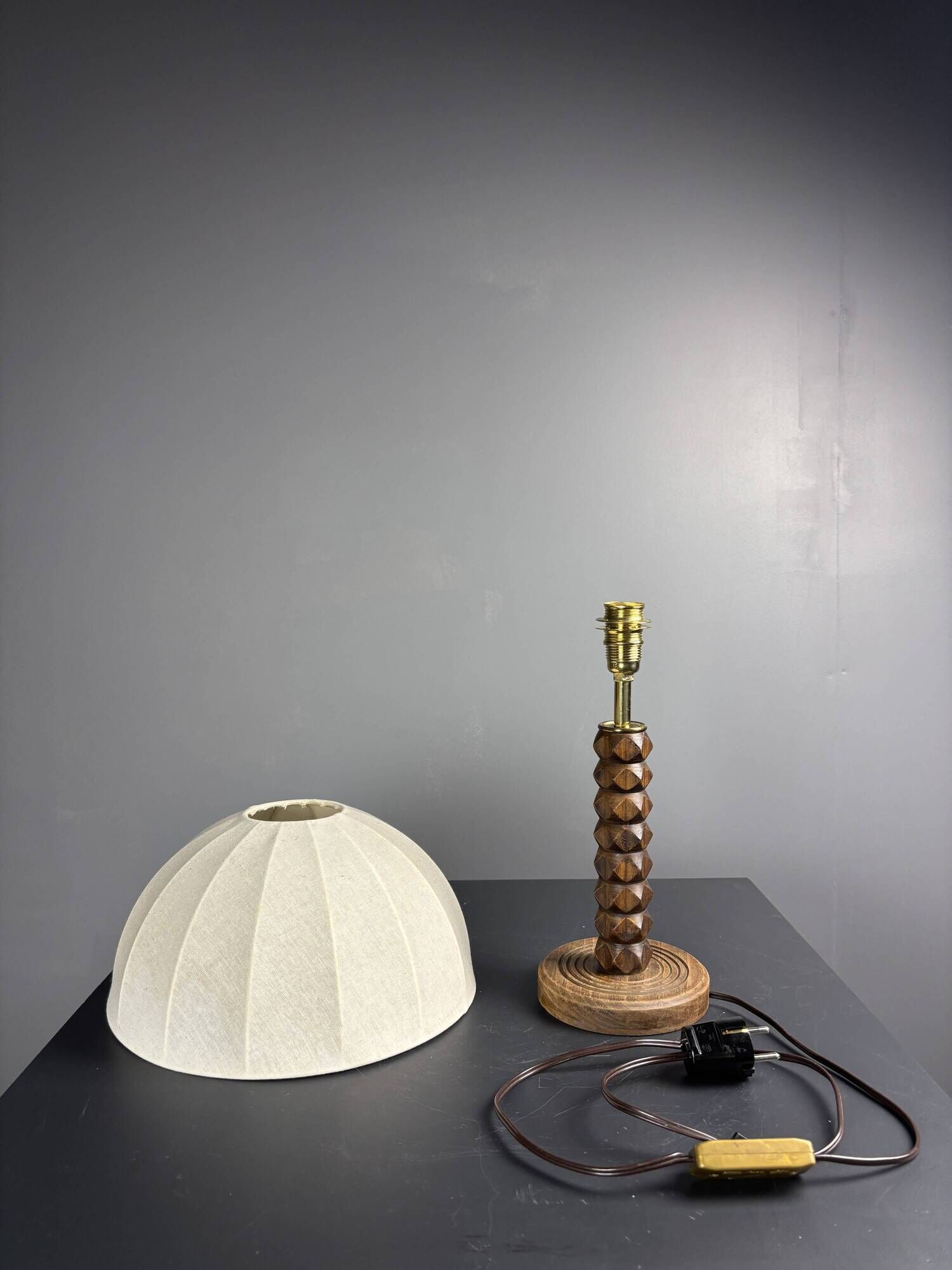 Midcentury brutalist wood turned mushroom table lamp, Charles Dudouyt style