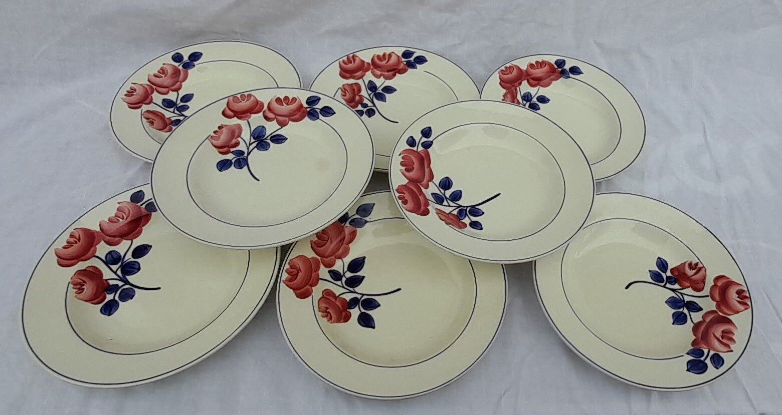 8 hollow earthenware plates H B C M Creil Montereau model roses red diam 22 cm
