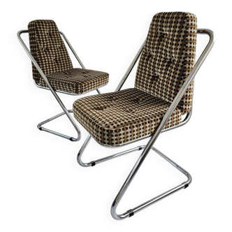 Pair of 70s chrome chairs with printed velvet