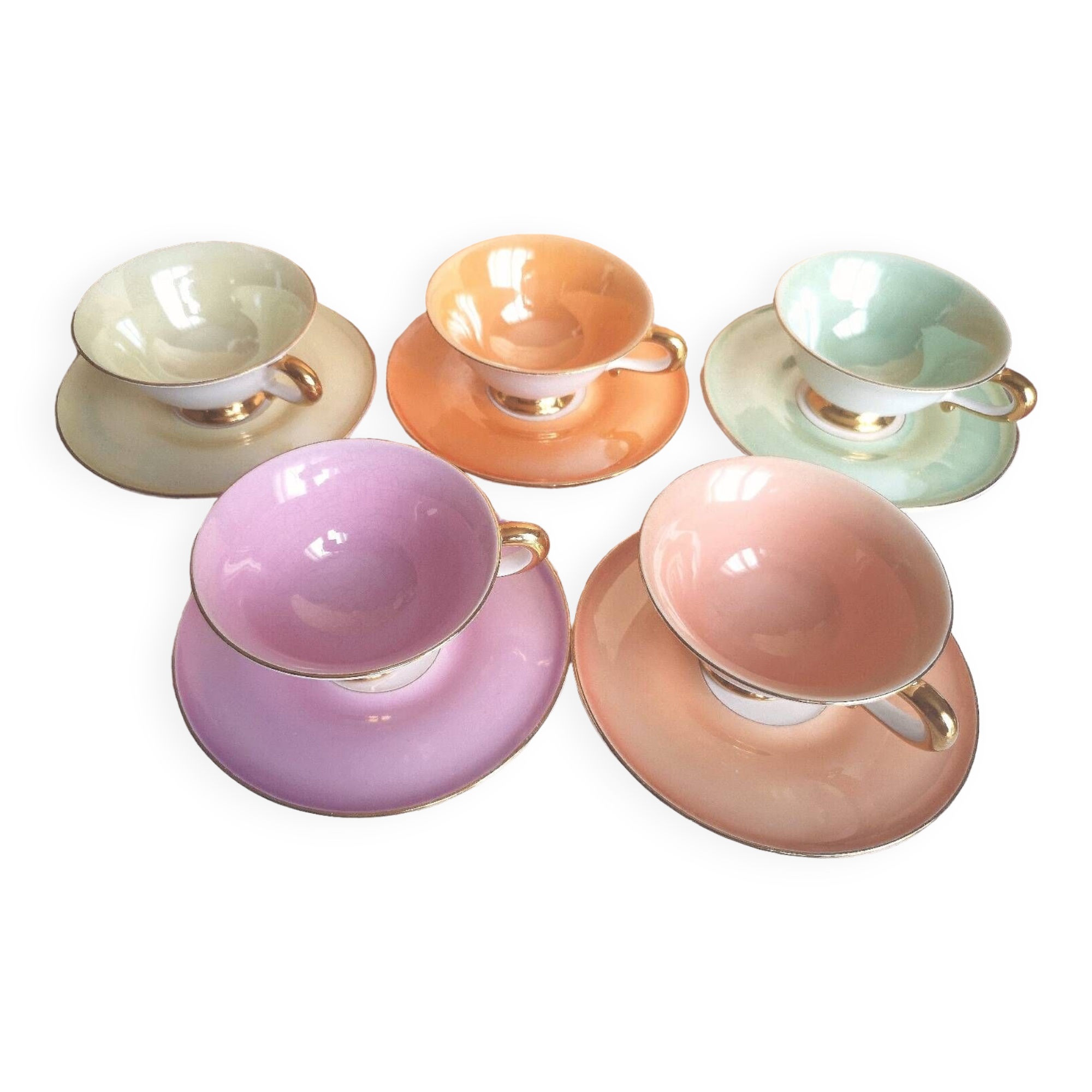 Lot De 5 Tasses Et Sous-tasses – Style Années 80 – Couleurs Vives – Céramique