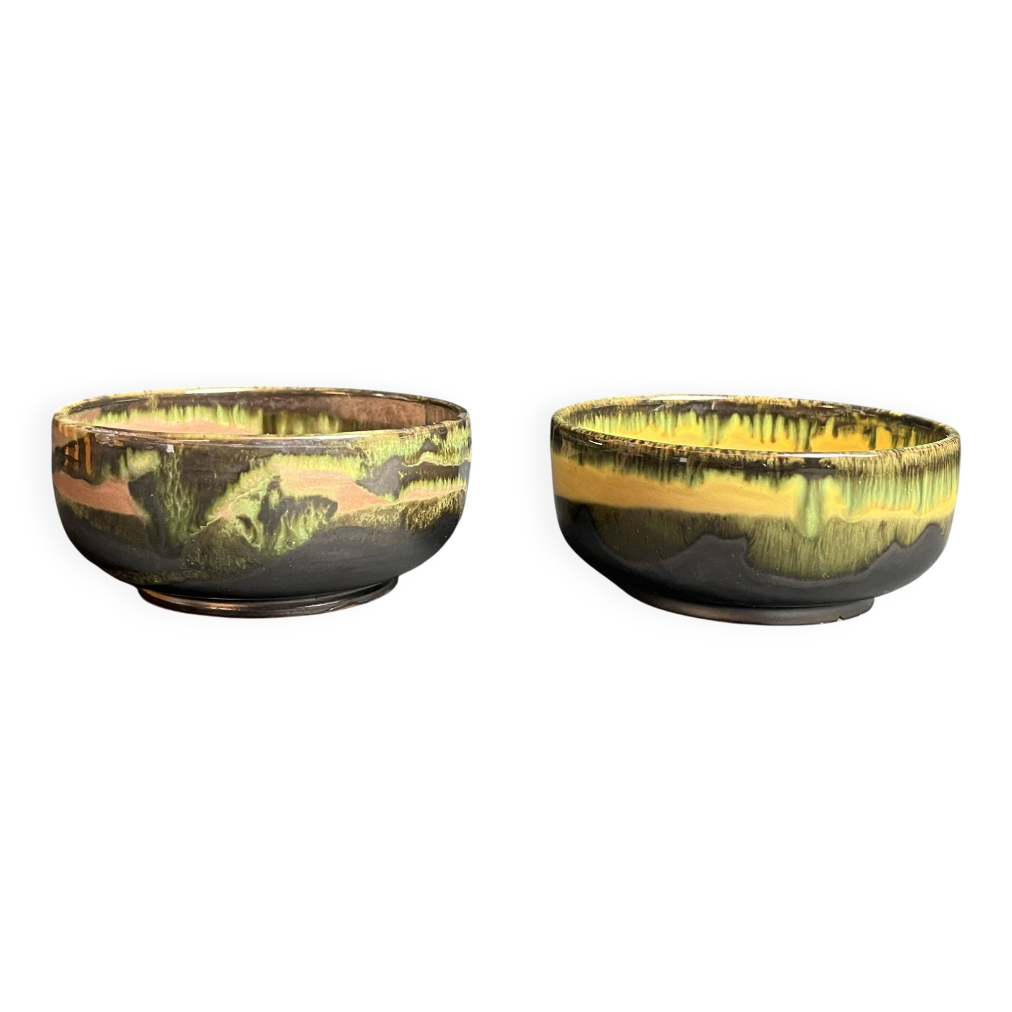 Vintage, two flamed stoneware bowls from the 20th century.