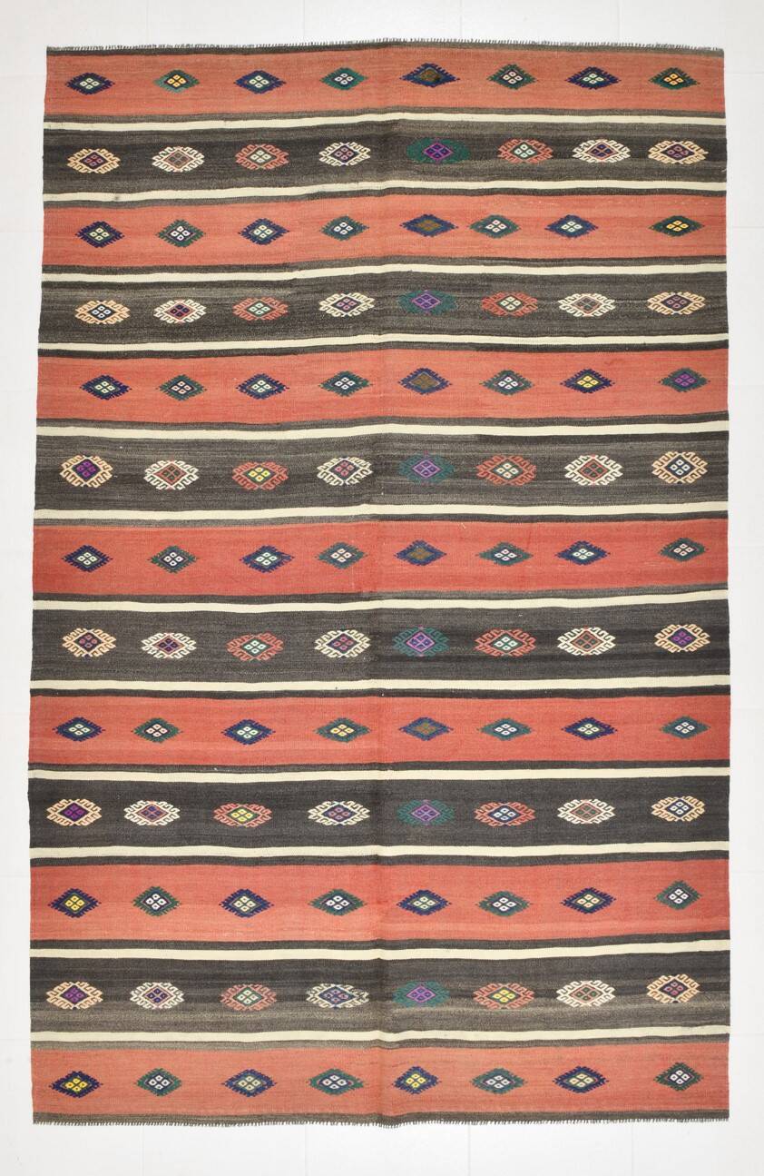 Terracotta & Brown %100 Wool Turkish Kilim Rug, 175x270 Cm