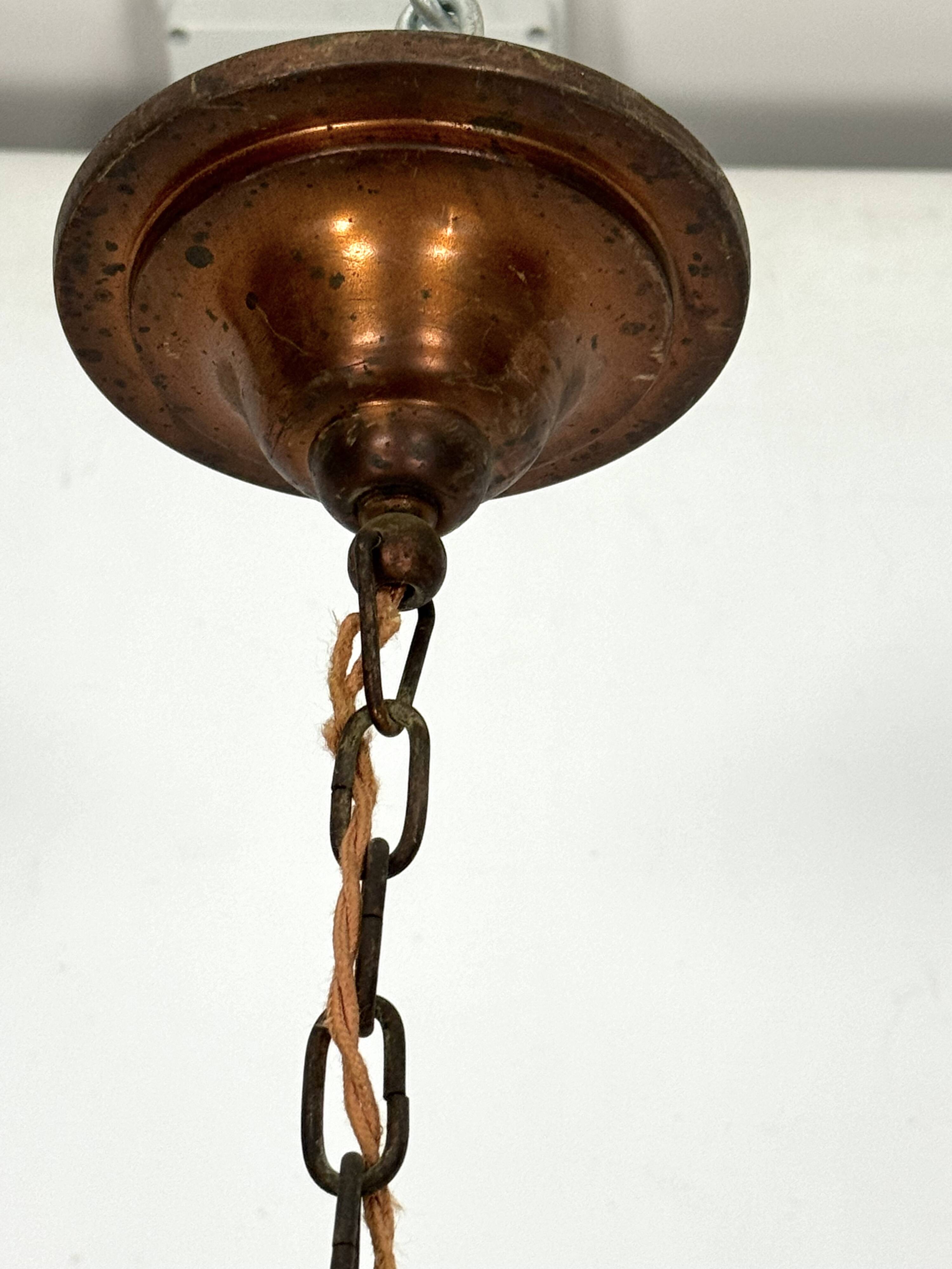Vintage Industrial chandelier in copper and milk glass. Italy 1950s