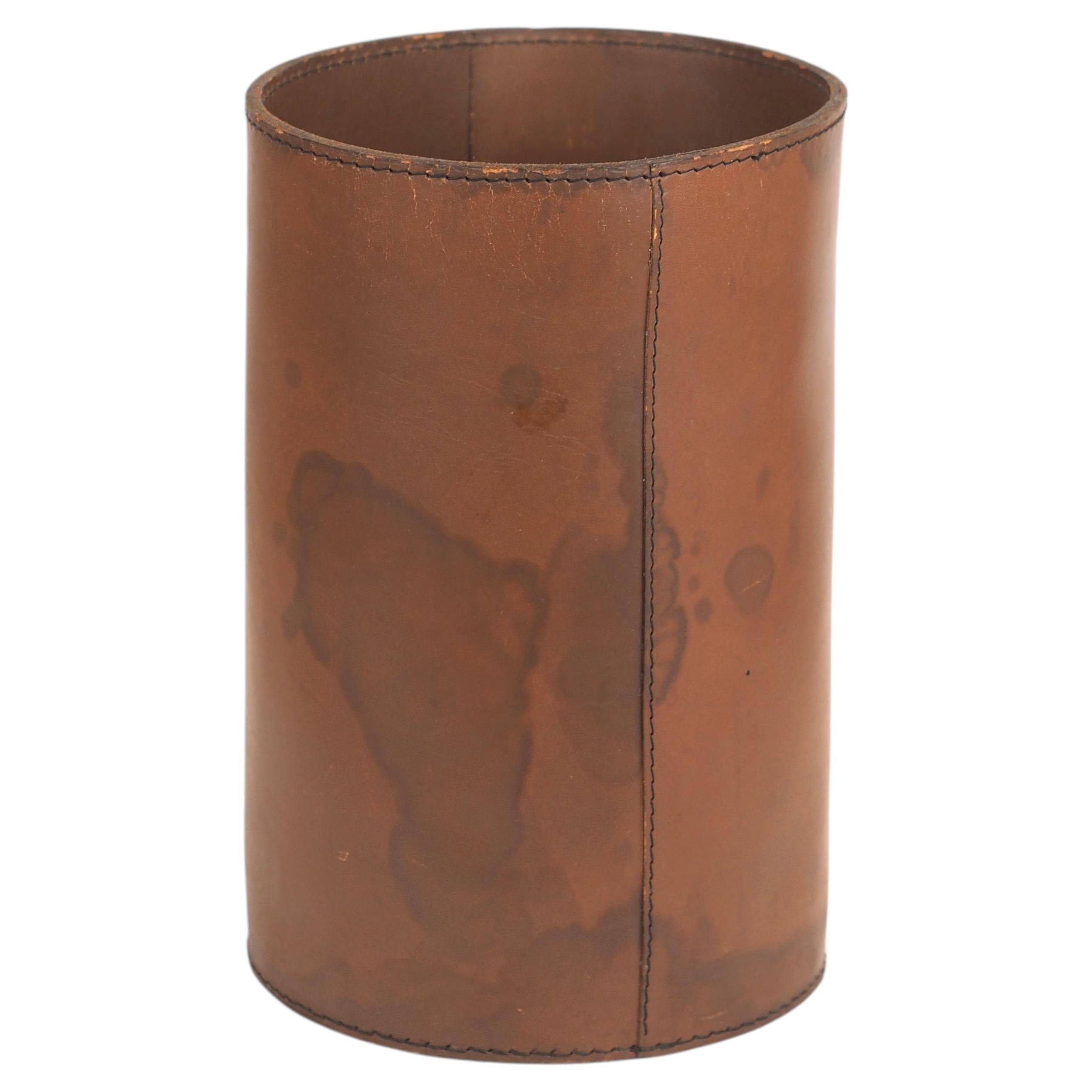Authentic leather wastebasket/bin by Carl Auböck from the mid-20th century.