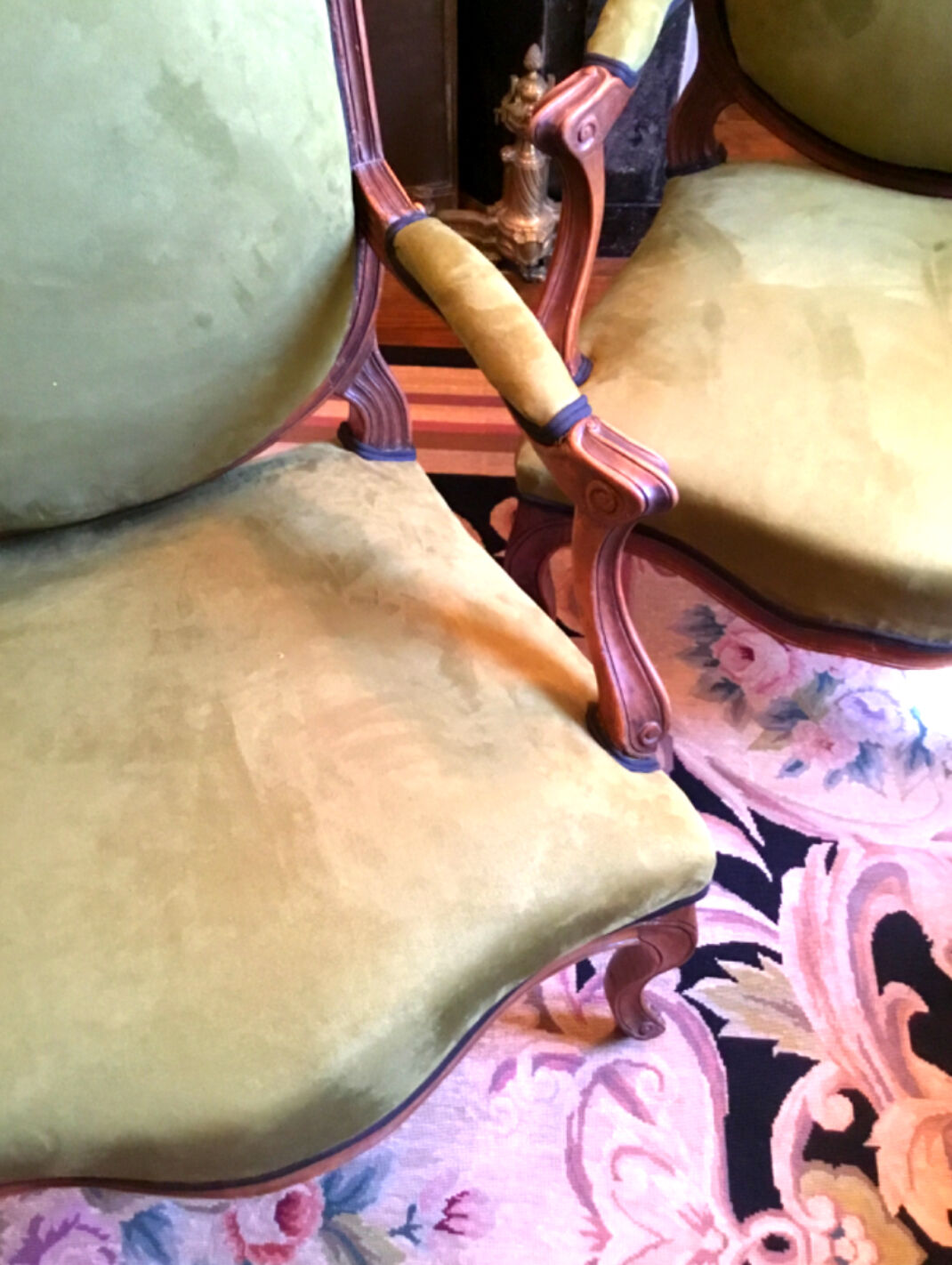 Pair of wide Louis XV armchairs reupholstered to new.