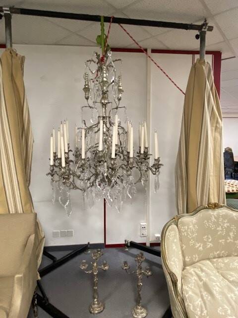 Louis XV style cage chandelier with thirty lights in silver metal