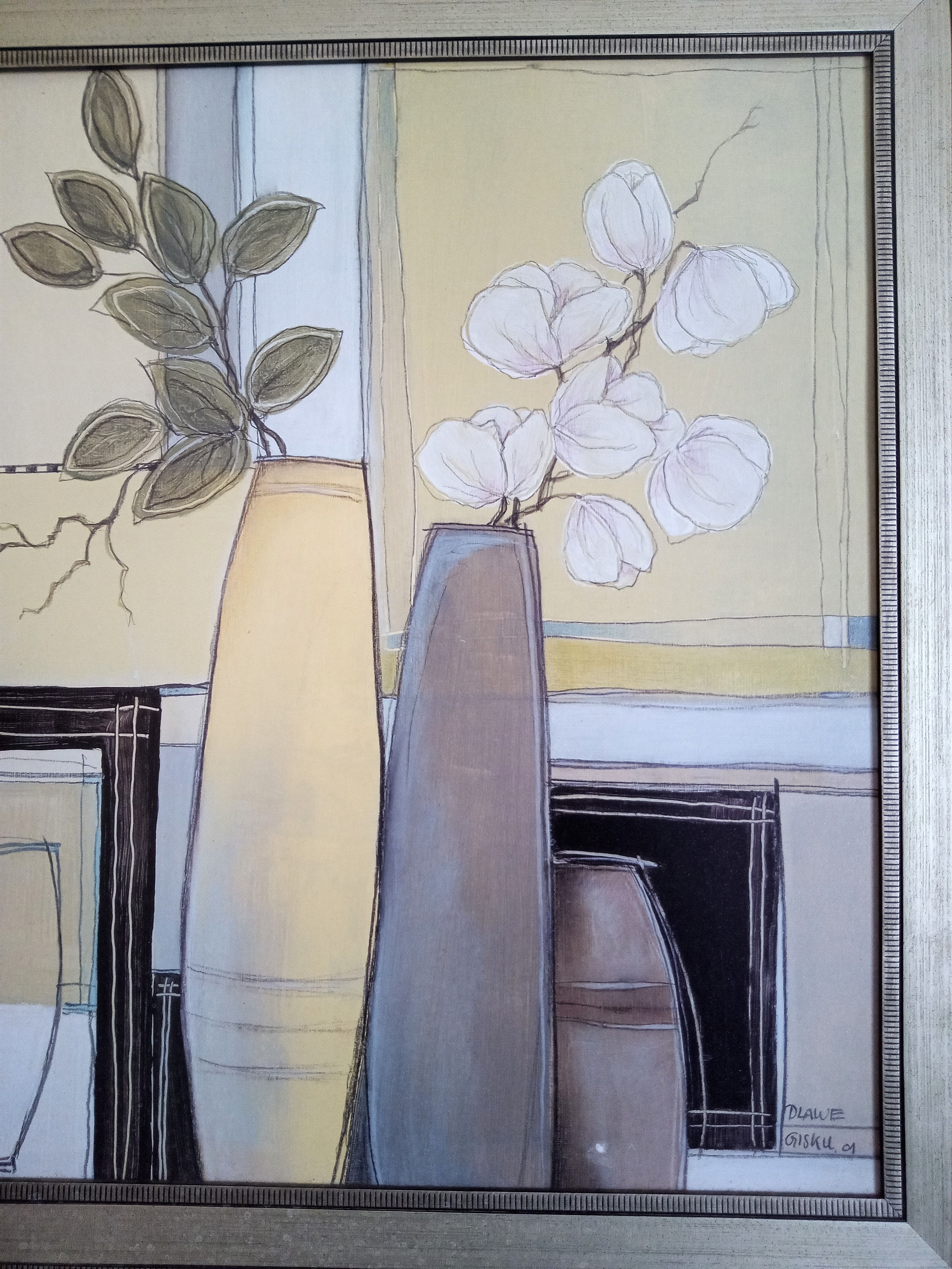 Still life with vase and flowers, oil on panel signed Dlawe Gisku, year 2001