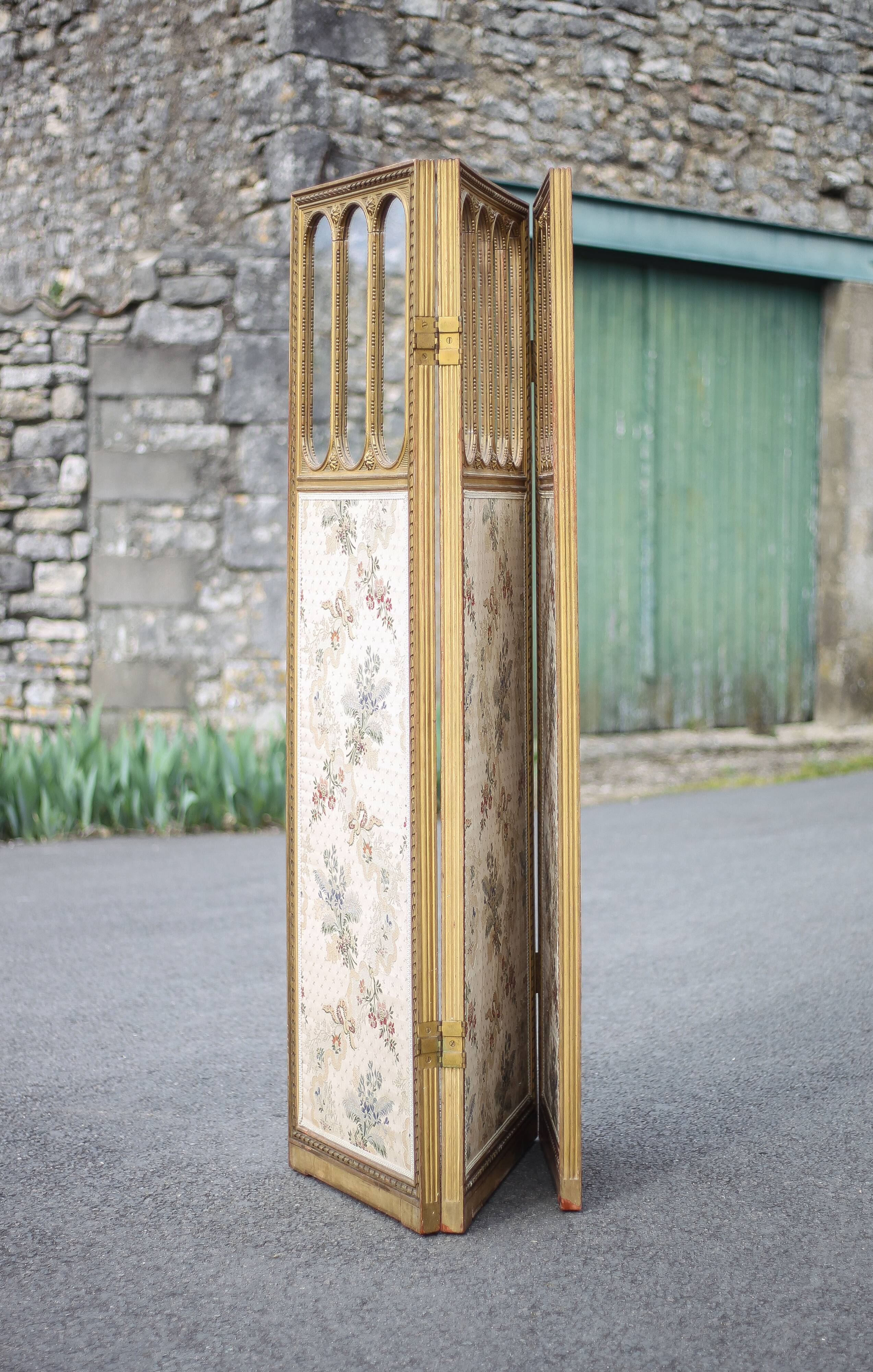 Vintage screen, old 3-panel screen, molded wood and fabric screen