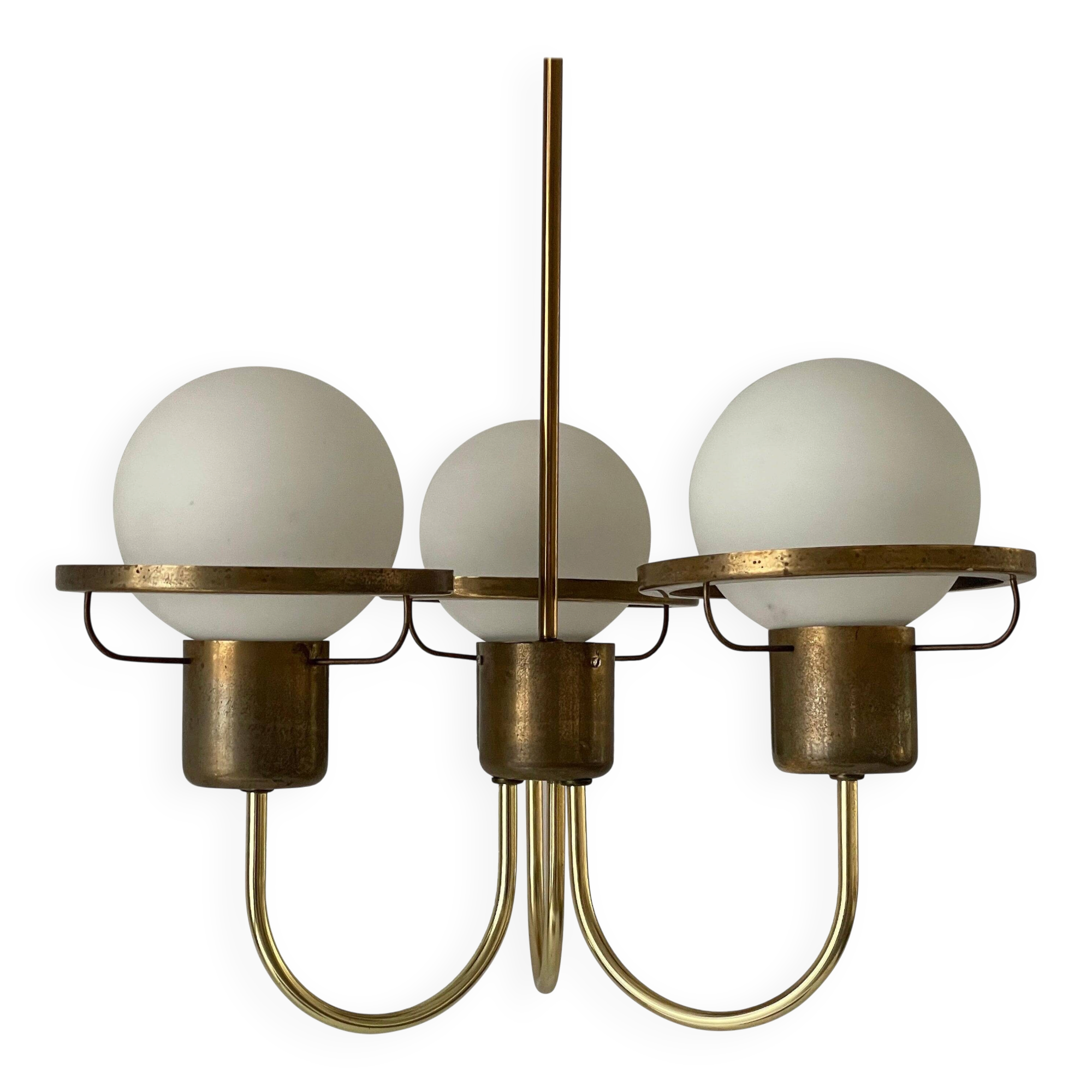 Suspended lamp with 3 glass balls and brass frame, Germany, 1960s