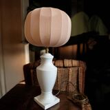 White ceramic table lamp with pastel shade