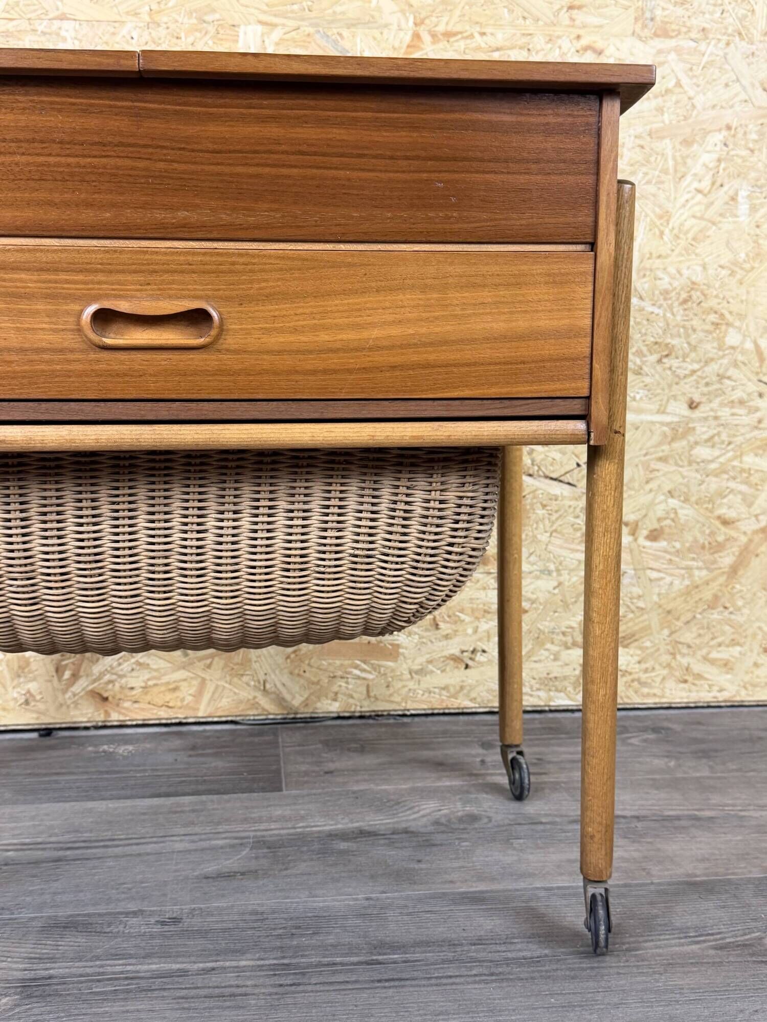 1960s 1970s Teak Sewing Box Sewing Table Utensil Holder with Basket