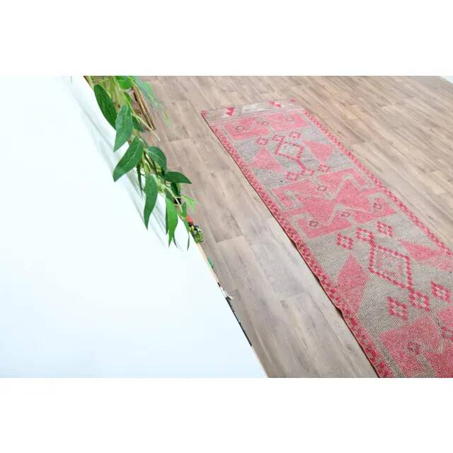1970s Vintage Turkish Oushak Handmade Wool Cotton Pink Runner Rug 90x312