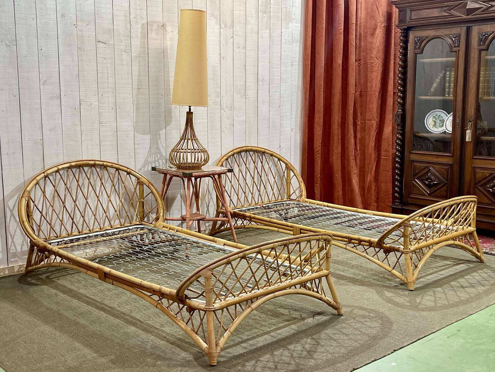 1960s rattan bed with metal base