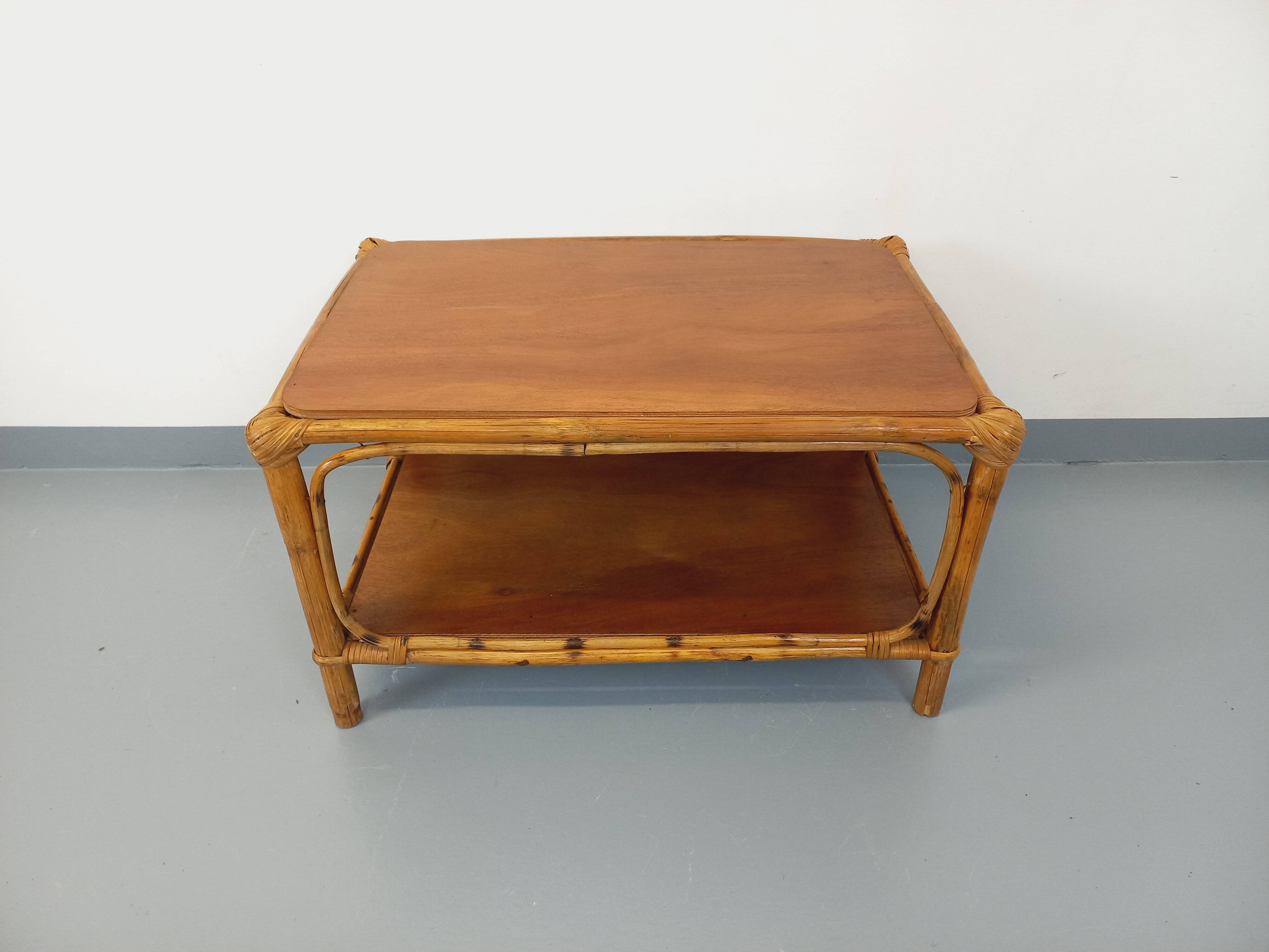 Vintage rattan and wood coffee table