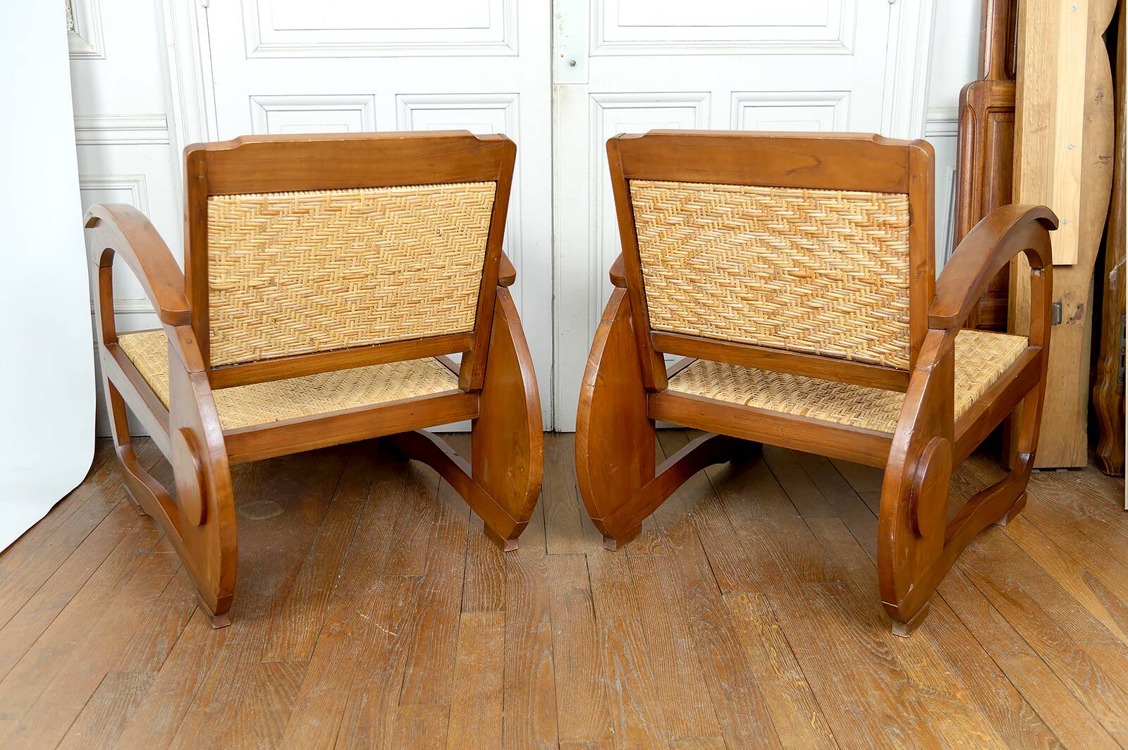 Pair of Teak Armchairs with Woven Rattan Seats, Colonial Art Deco, 1925