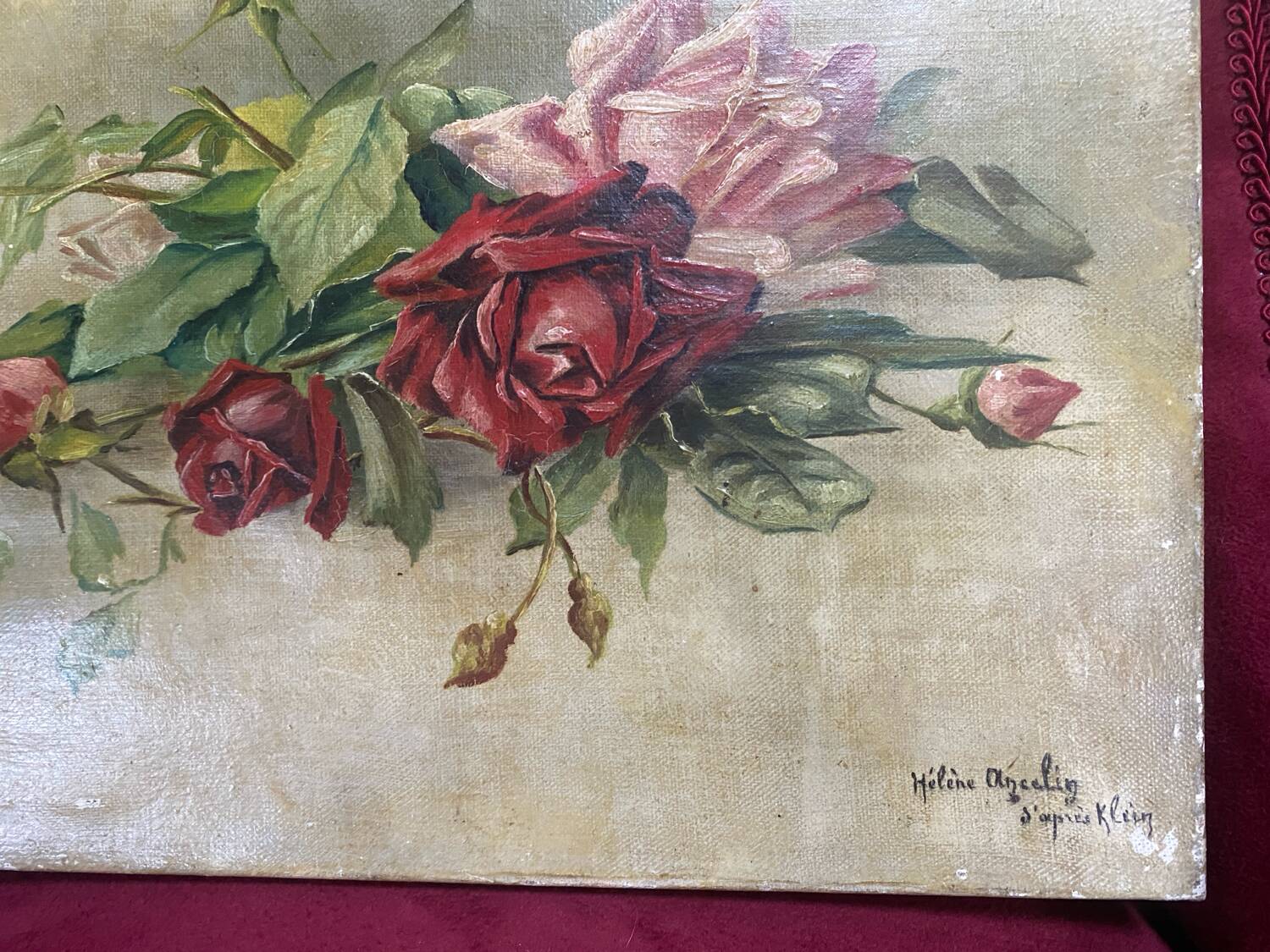 Oil on canvas signed "armful of roses" old