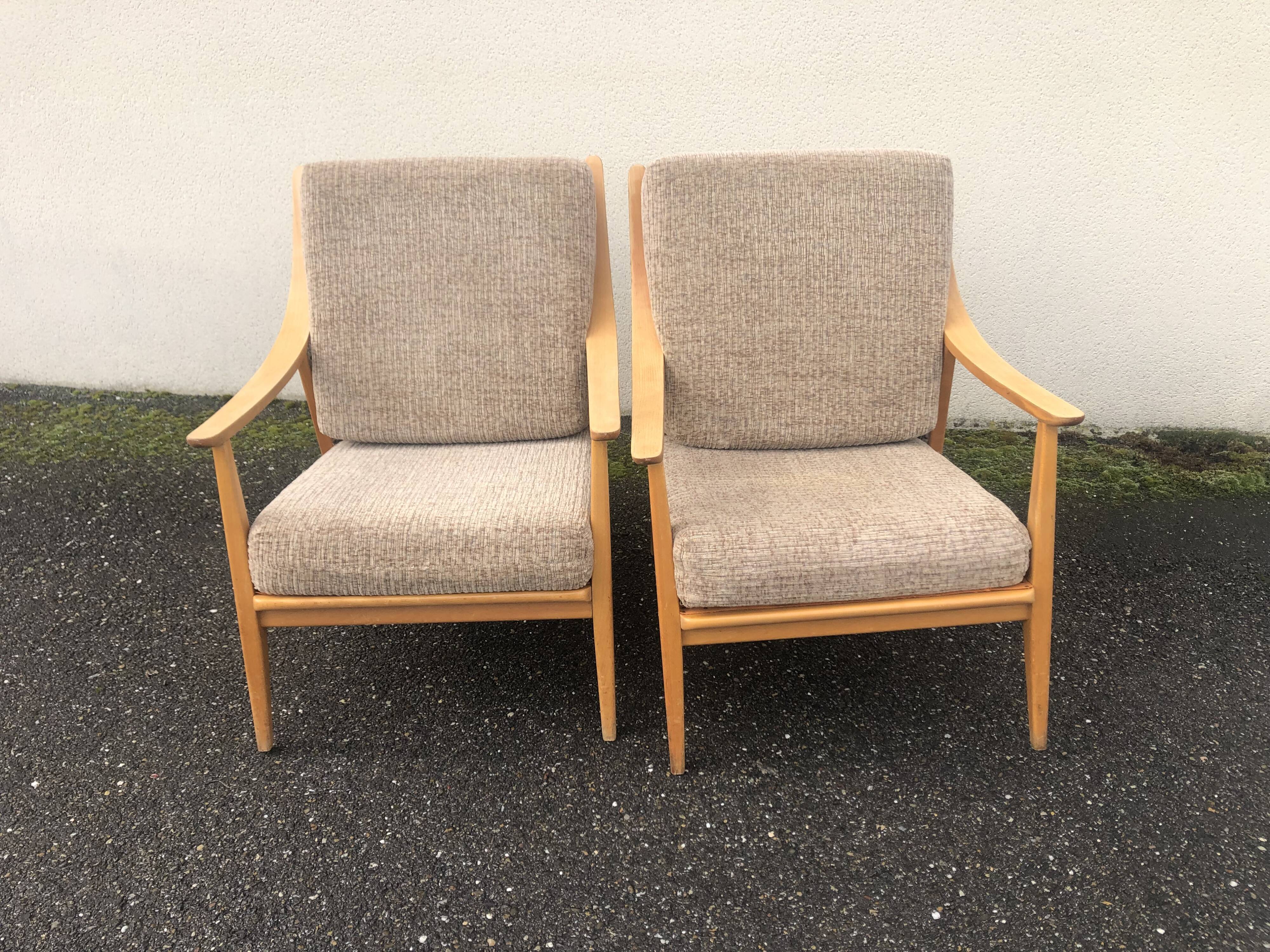 Scandinavian style armchairs blond wood 60s