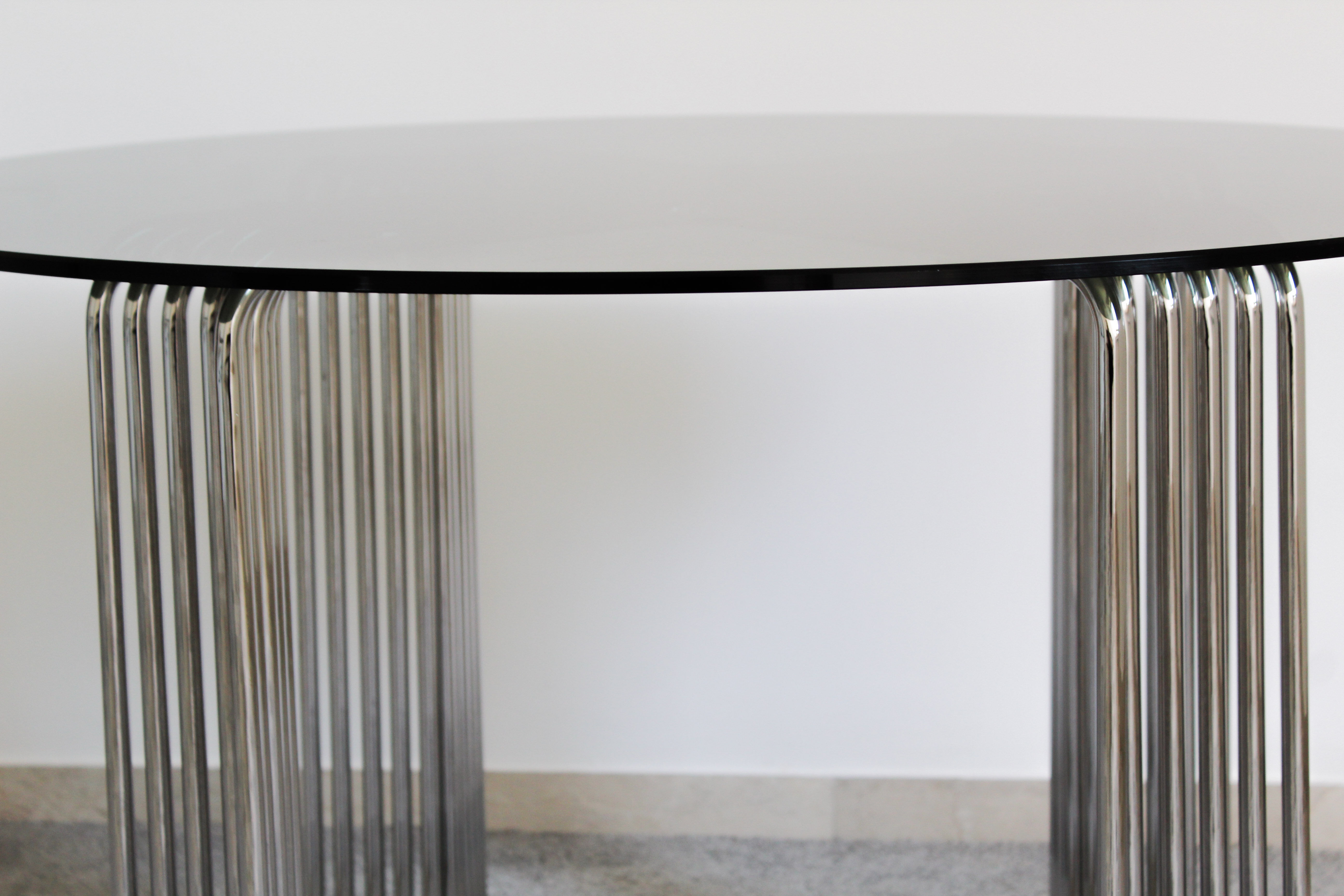 Chromed round round glass round rod table, Italy 1970s