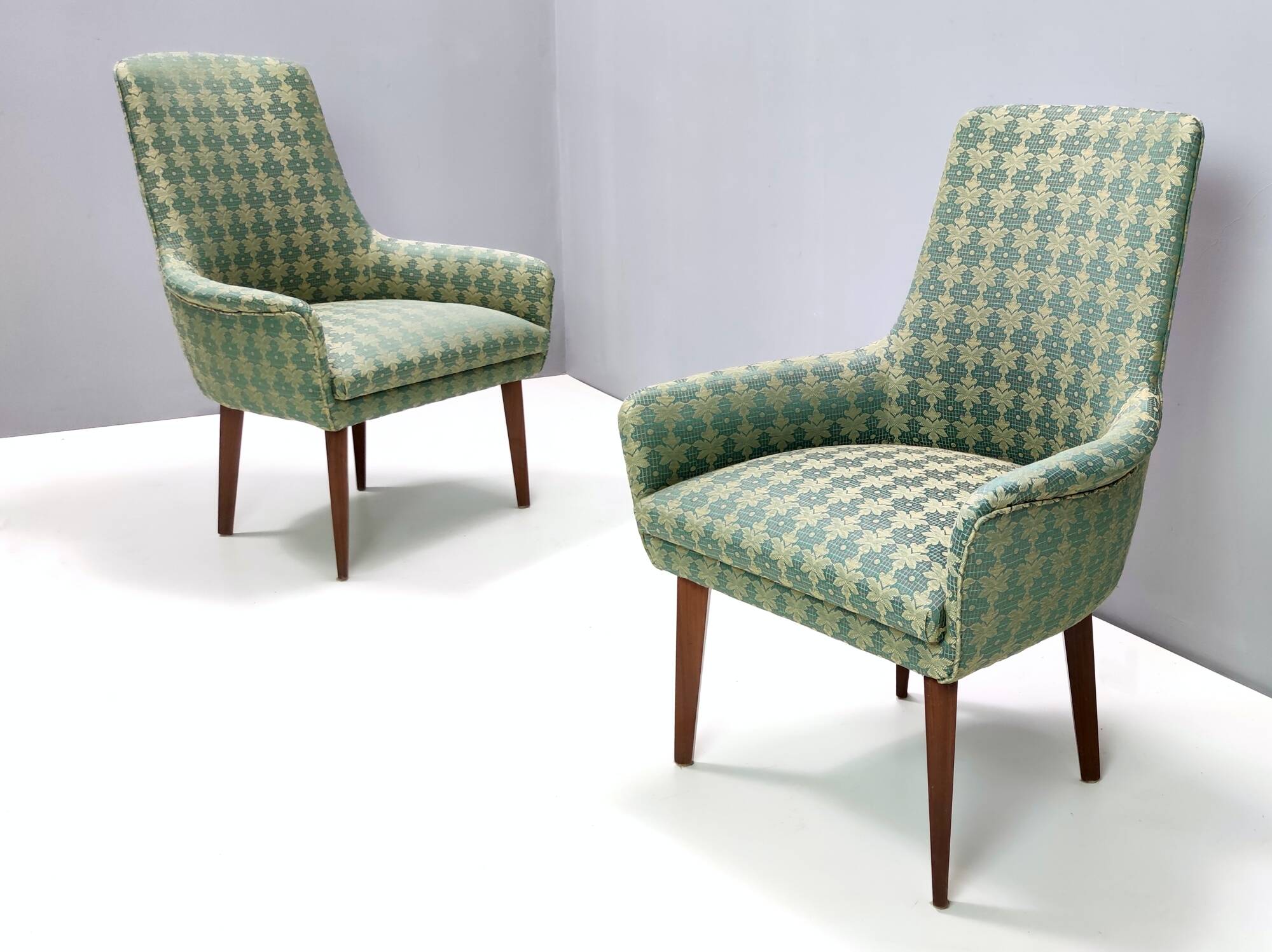 Pair of High-Quality Green Patterned Fabric and Beech Armchairs, Italy