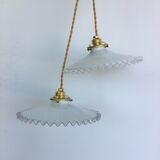 Pair of white opaline hanging lamps with toothed edges